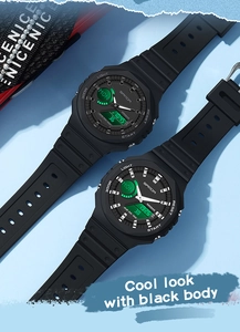 Dual display black sports watch with green LED backlight and durable rubber strap