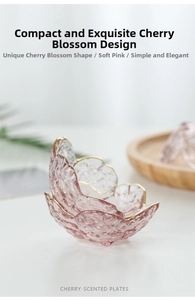 Detail of cherry blossom glass dish with gold rim and pink hammered petal texture