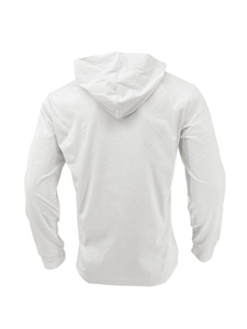 Rear view of a white hooded sweatshirt showing fabric texture and ribbed hem detail