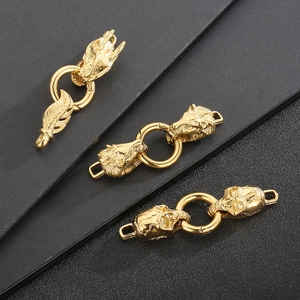 Golden dragon and wolf head charms with feather pendant in durable titanium steel