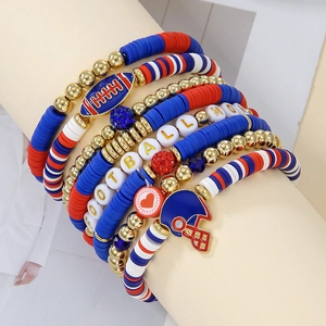8-piece set of stacked baseball bracelets with clay beads and Football Mom charms