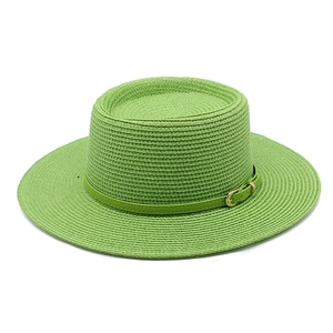 Cappello Paglia Intrecciata Boater Sommità Piatta Tesa Larga Protezione Solare Vacanze Spiaggia Estate Vintage Elegante Con Cinturino Pelle