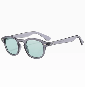 Detail view of transparent grey round frames with light green lenses and size markings