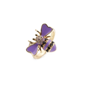 18K gold plated bee ring featuring purple enamel wings and micro-inset rhinestones