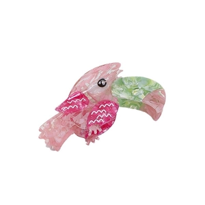 Parrot-shaped pink tortoiseshell acetate hair claw clip with colorful marble pattern