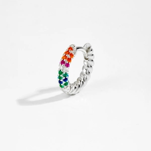 Detail of S925 silver huggie earring with rainbow zircons and twisted rope texture