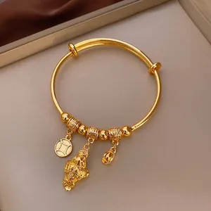 Gold plated bracelet with traditional Chinese coin, Pixiu and ingot charms
