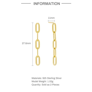 Detail view of gold S925 sterling silver chain earrings with dimensions and 925 hallmarks