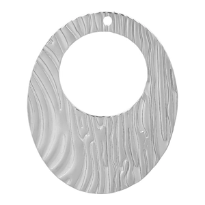 Detailed view of silver stainless steel oval pendant with irregular water ripple texture