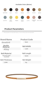 Detailed size chart for 1cm slim leather belts with color options and alloy buckle