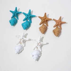 Handmade starfish and seashell drop earrings in blue, brown, and white matte finish