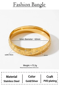 Detail showing 62mm diameter and 14mm width dimensions of the gold stainless steel bangle