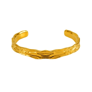 Minimalist irregular lava texture open gold bangle made of durable stainless steel