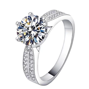 Classic S925 sterling silver six-prong moissanite ring with round brilliant cut center stone