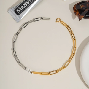 Detailed view of two-tone gold and silver paperclip chain necklace with lobster clasp