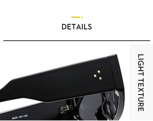 Detail of wide temple black acetate sunglasses featuring three gold rivets and M475 model code