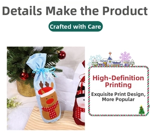 Detail of burlap Christmas wine gift bags with reindeer and snowman drawstring patterns