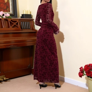 Elegant wine red long sleeve dress featuring floral velvet texture and slim fit design