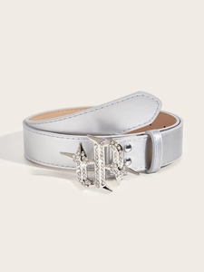 Detailed view of leather belt buckle featuring rhinestones R-letter and star motifs