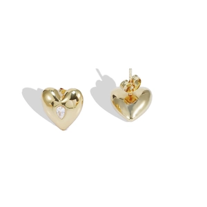 Elegant 18K gold-plated heart stud earrings with teardrop zircon on a clean white background