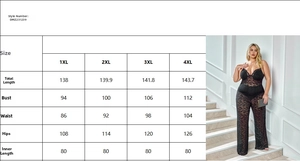 Detailed size chart for lace deep V-neck jumpsuit showing measurements from 1XL to 4XL
