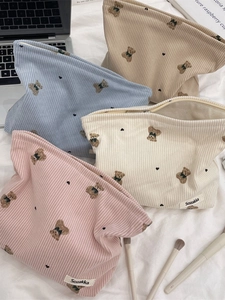 Cute Bear Embroidery Corduroy Cosmetic Bag Portable Zipper Makeup Pouch Travel Daily Storage Organizer For Women Girls