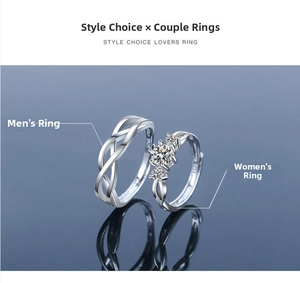 Detailed view of silver couple rings with S925 hallmark and crown gemstone setting