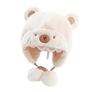 Cappello invernale peluche per neonati crema con orecchie d'orso e laccio