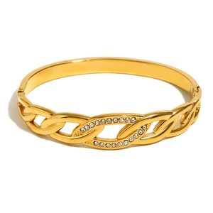 18K gold plated stainless steel hinge bangle with twisted chain design and cubic zirconia