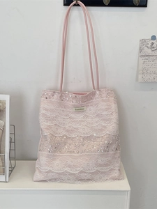 Pink lace tote bag with sequins and brand patch for a sweet girls aesthetic look