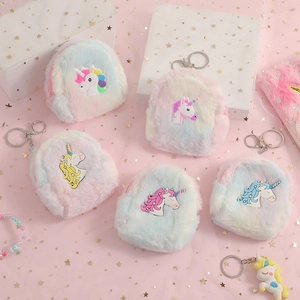 Plush unicorn mini backpack coin purses in pastel gradient colors with keychains