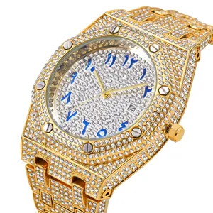 Luxurious gold iced-out men's watch with blue Arabic numerals and full diamond crystals