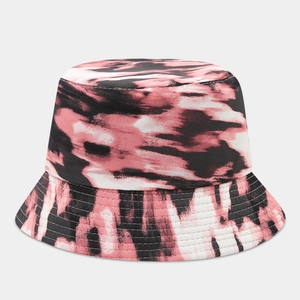 Detailed view of tie-dye graffiti bucket hat with precise multi-row stitching on the brim