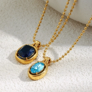 18K gold plated stainless steel necklaces with blue oval gemstones on bead chains