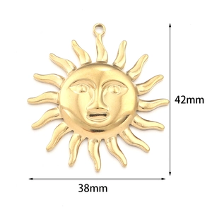 Detailed size view of golden sun face stainless steel pendant measuring 42mm by 38mm