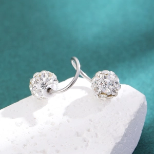 Minimalist S-shaped geometric silver earrings with sparkling crystal-encrusted spheres