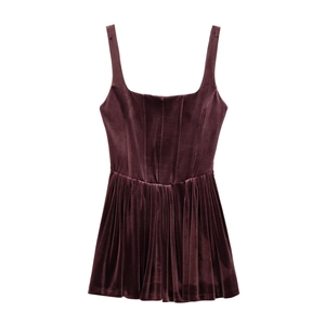 Elegant deep purple velvet corset style mini dress with pleated hem and square neckline