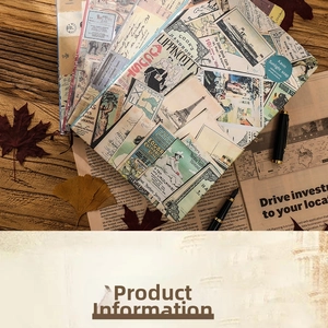 Vista macro di varie carte scrapbooking vintage con motivi di giornali retrò