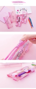 Detail of pink transparent cat pencil case featuring glitter PVC texture and secure zipper