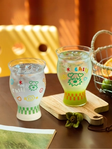 Creative high borosilicate glass juice cups featuring cartoon dog and chill pattern detail