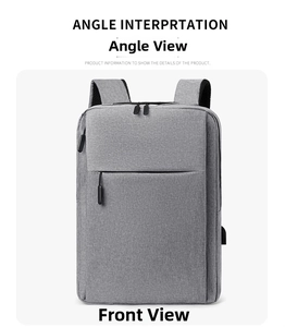 Front view of grey minimalist business backpack with USB port and waterproof fabric