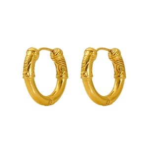 Golden hoop earrings with retro cloud relief pattern and polished stainless steel finish