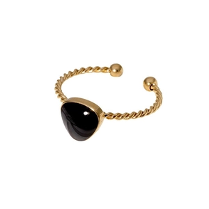 Minimalist gold-plated stainless steel open ring with black geometric stone and twist band
