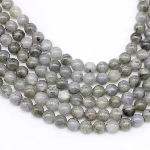 Close-up of polished natural labradorite beads with blue and purple iridescent flashes