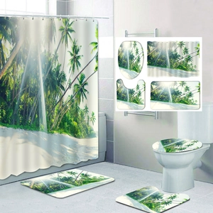 Tropical coconut palm beach scenery 4-piece bathroom set with shower curtain and mats