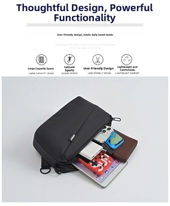 Detail of black crossbody bag with multiple compartments holding tablet and phone