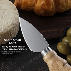 Close-up of cheese knife with stainless steel blade and natural wood handle for snacks