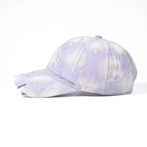 Distressed light purple baseball cap with vintage worn finish and thick cotton canvas fabric