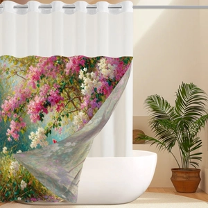 Detail of waffle weave shower curtain with silver metal grommets and oil painting floral pattern