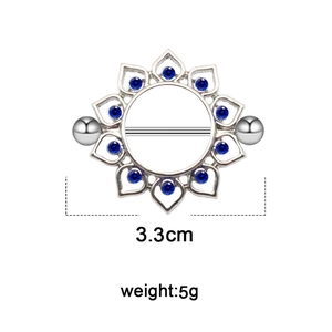 Mandala flower nipple ring with blue cubic zirconia stones and 3.3cm steel barbell shield